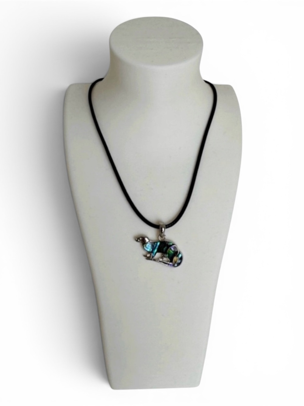 Paua Shell Otter Pendant Necklace Abalone Animal Charm Black Cord Coastal